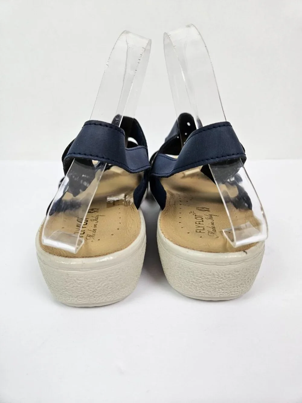 Fly Flot Piumatech Perforated Navy Blue Faux Leather Strappy Wedge Sandal 41/9.5